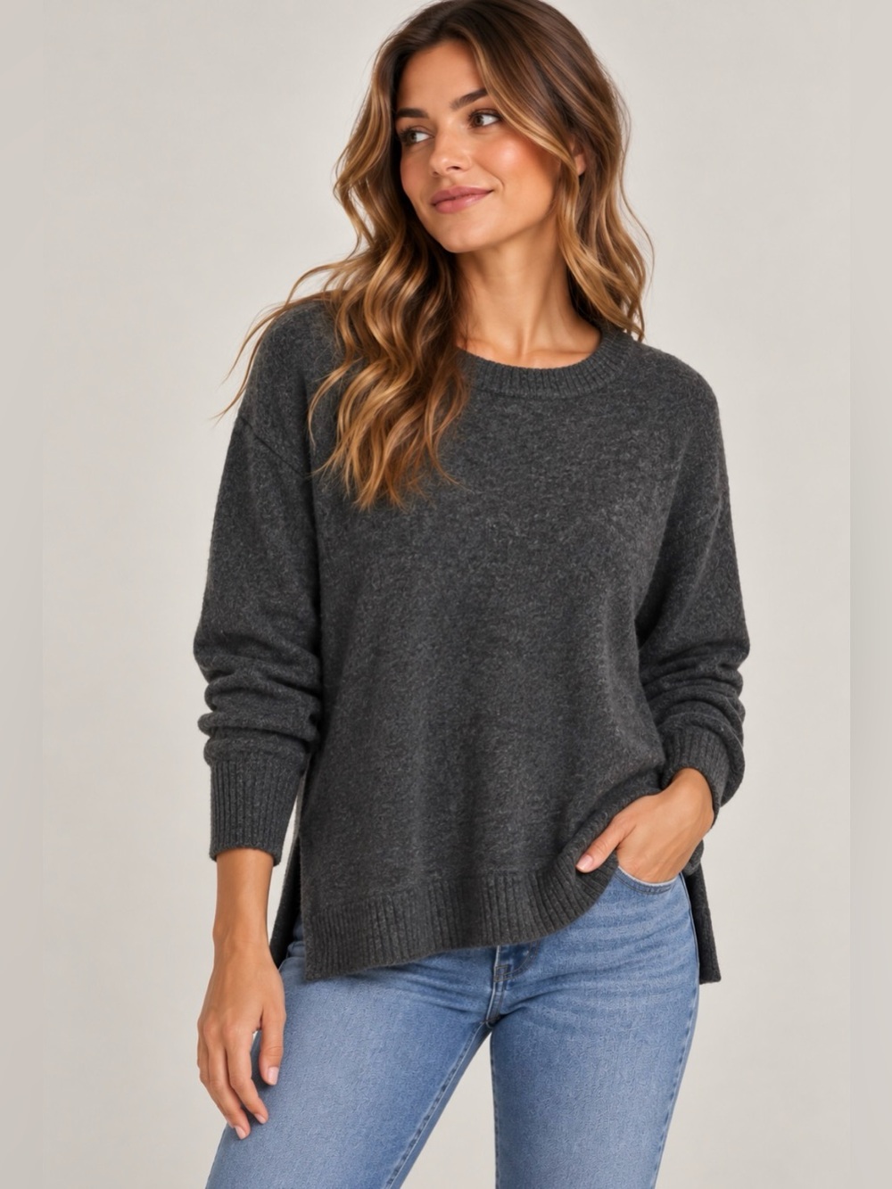 Max Studio Charcoal Gray Crewneck Sweater | Cozy Knit | Size Medium